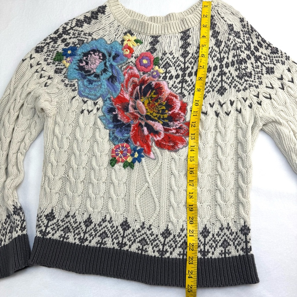 Anthropologie Cream Cable-Knit Sweater with Floral Embroidery - Picture 7 of 15